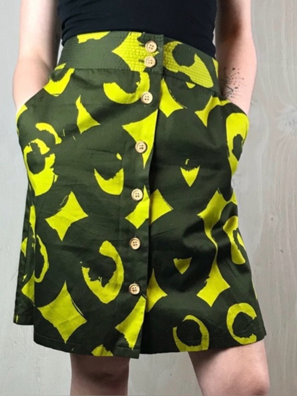 BOGO Marimekko for Anthropologie Olive and Lime Green Abstract Print Mini Skirt